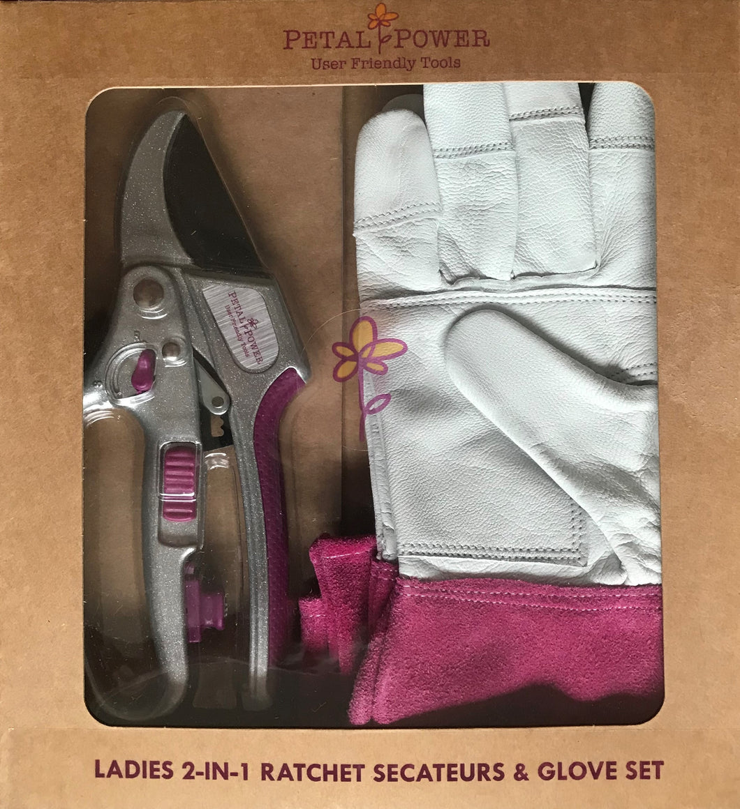 Ladies Gardening Glove & Ratchet Pruner Secateurs (Great for weaker hands) Set.