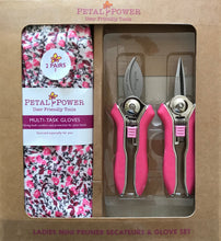 Load image into Gallery viewer, Petal Power Ladies Garden Gloves (2 pairs) &amp; Mini Pruner Secateurs Set - Perfect Ladies Garden Gift
