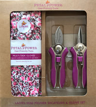 Load image into Gallery viewer, Petal Power Ladies Garden Gloves (2 pairs) &amp; Mini Pruner Secateurs Set - Perfect Ladies Garden Gift
