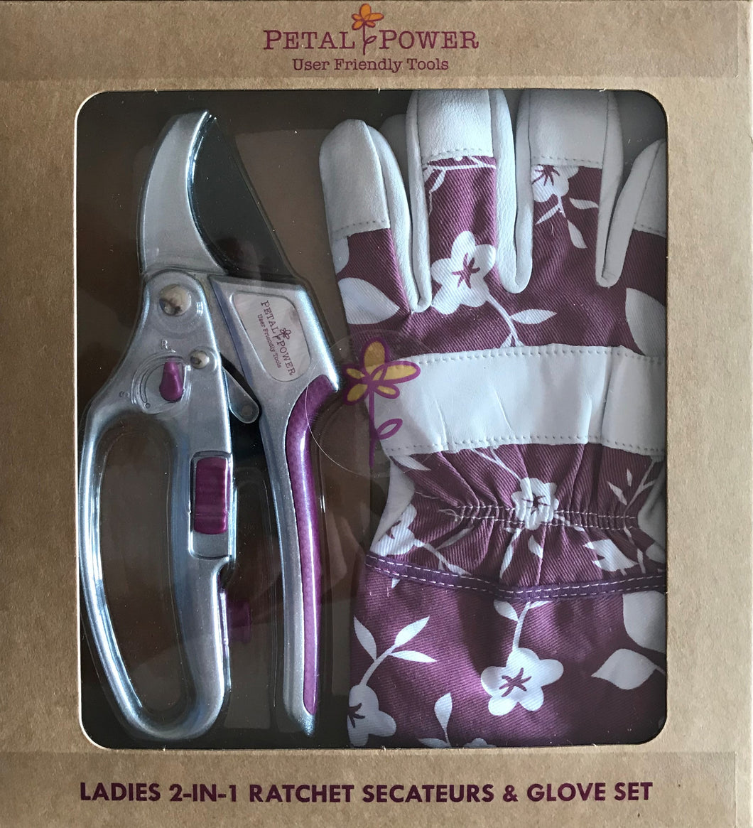 Ladies Gardening Glove & Ratchet Pruner Secateurs (Great for weaker hands) Set