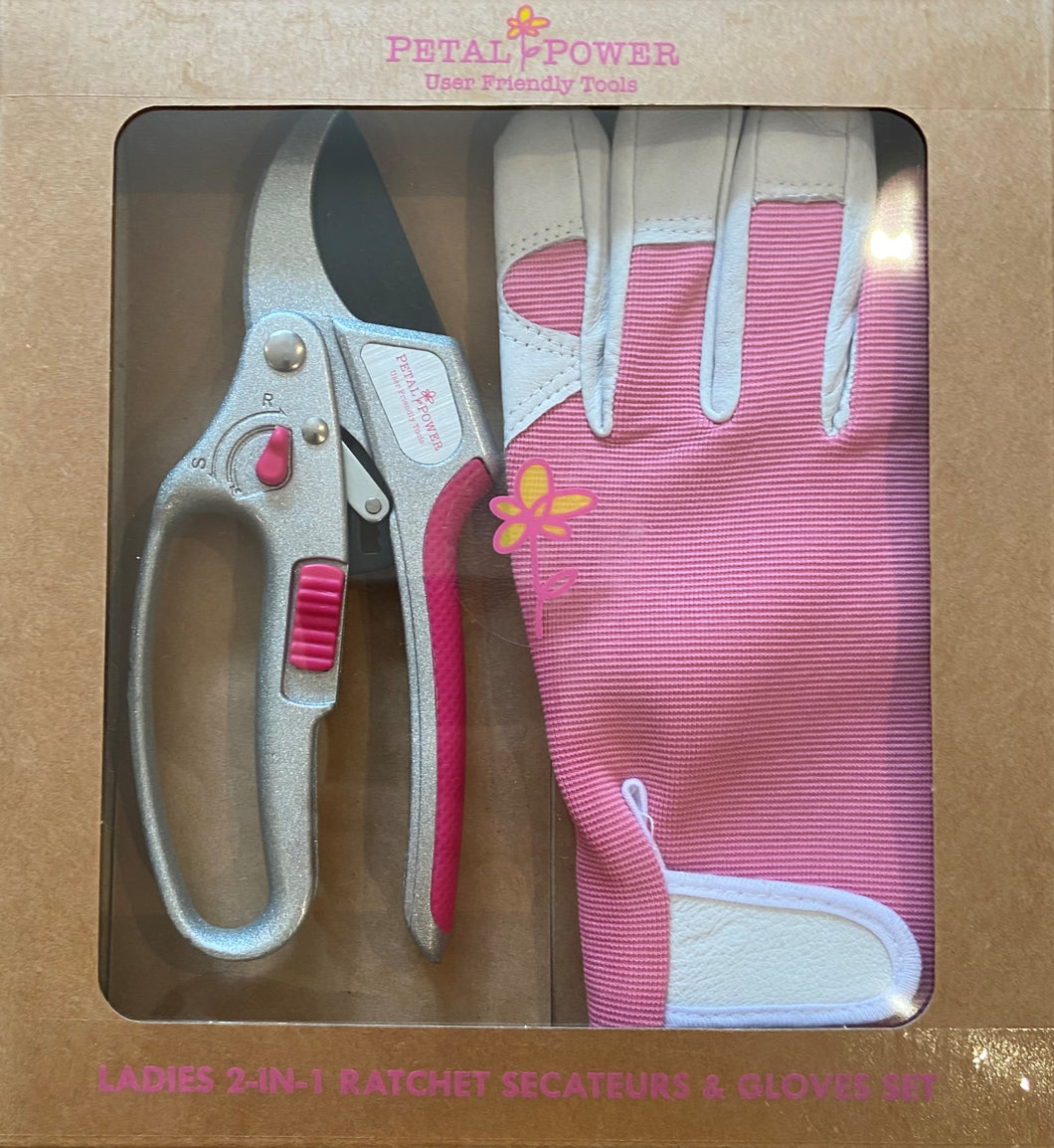 Petal Power Ladies Gardening Glove & Ratchet Pruner Secateurs (Great for weaker hands) Set.